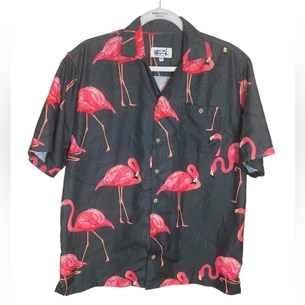 UZZI Mens Sz Med Black Flamingo Hawaiian Casual Beach Button Down Party Shirt